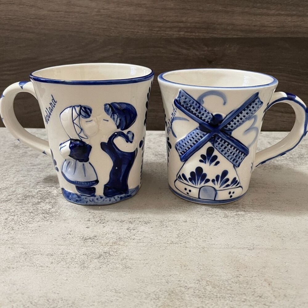 Vintage Blue Delft Deco Hand Painted Raised Relief Children Windmill Mugs Set/2